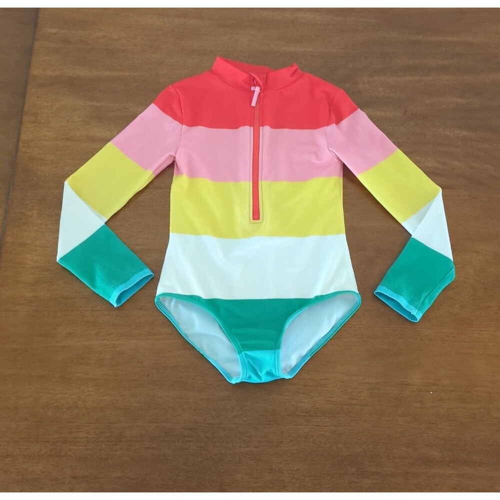 Mini Boden multi-color striped rainbow long-sleeve one-piece swimsuit size 6/7